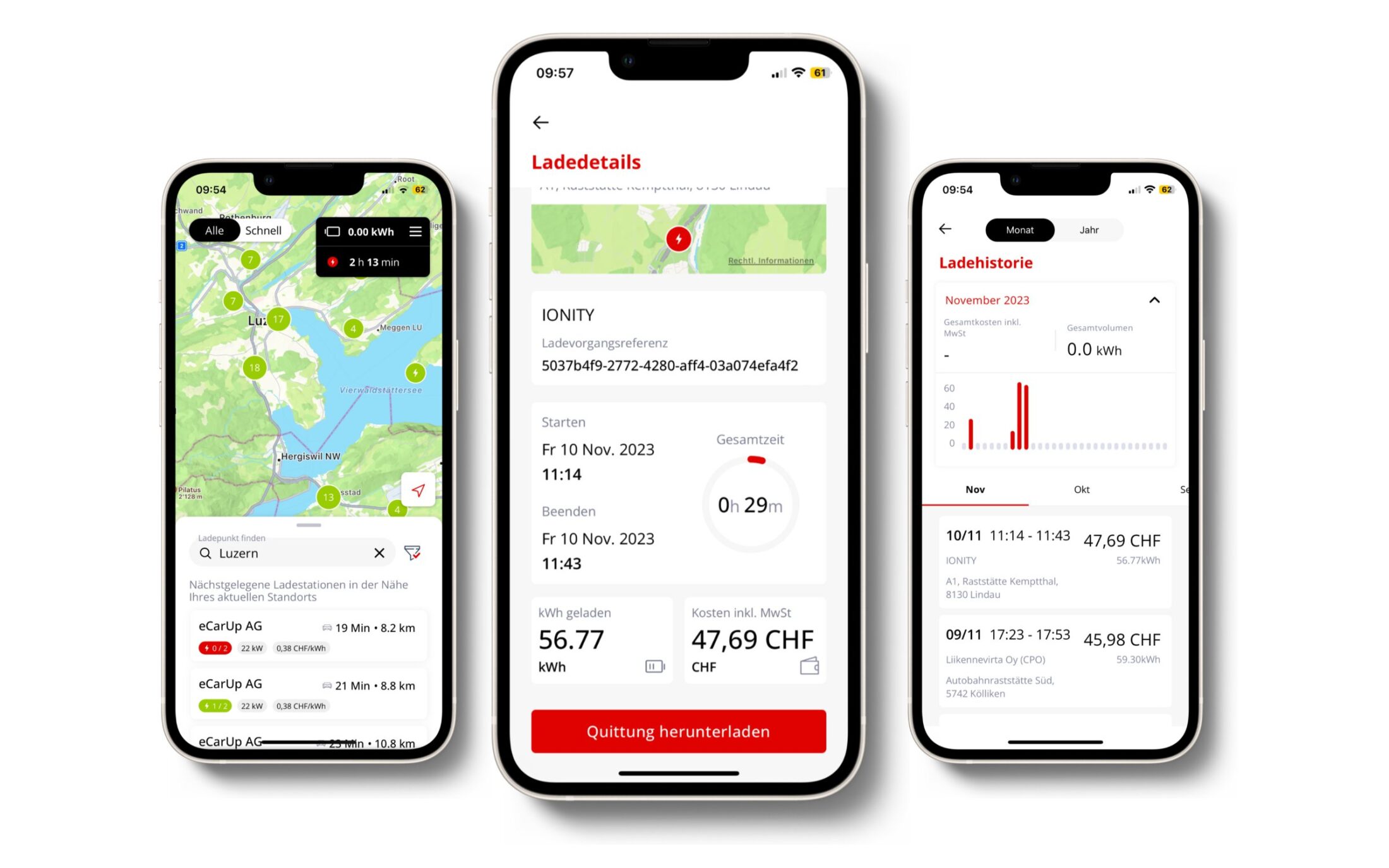 AVIA VOLT Suisse App: Karte, Ladedetails und Ladehistorie